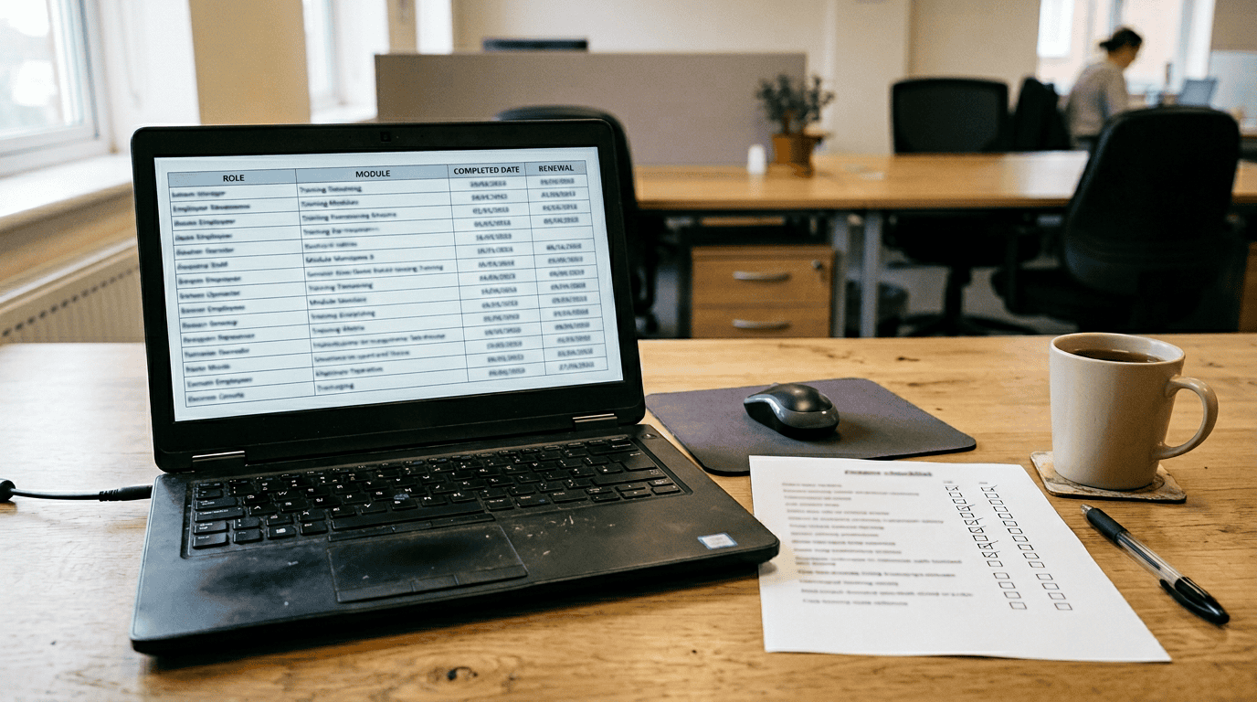 Laptop displaying training schedule with care staff documents and a coffee mug on a desk.